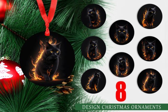 3D Black Cat Burning Christmas Ornament PNG Set