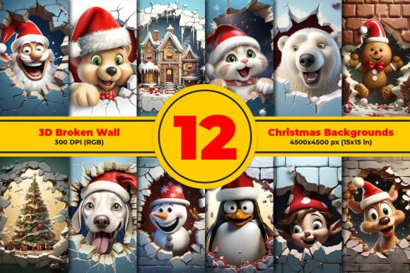 3D Broken Wall Christmas Backgrounds for Creative Projects