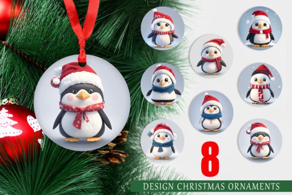 3D Cute Penguin Christmas Ornament PNG Set
